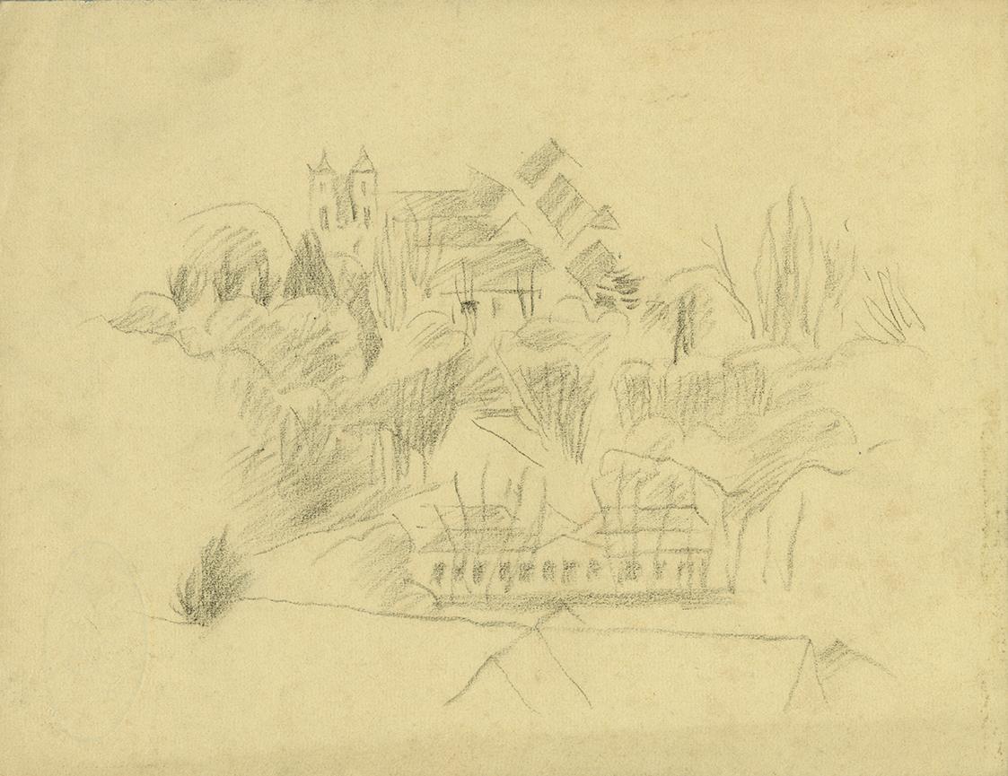 Alfred Wickenburg, Häuser auf einem Hügel, um 1935, Schwarze Kreide auf Papier, Blattmaße: 24,3 ...