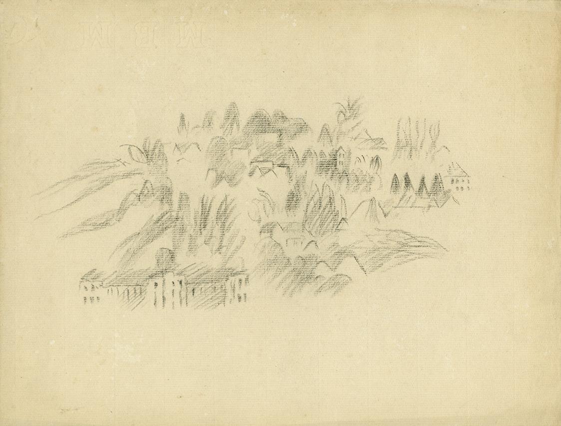 Alfred Wickenburg, Häuser auf einen bewaldeten Hügel, 1940/1945, Schwarze Kreide auf Papier, Bl ...