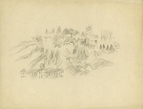 Alfred Wickenburg, Häuser auf einen bewaldeten Hügel, 1940/1945, Schwarze Kreide auf Papier, Bl ...