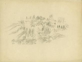 Alfred Wickenburg, Häuser auf einen bewaldeten Hügel, 1940/1945, Schwarze Kreide auf Papier, Bl ...