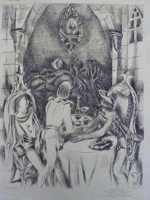 Alfred Wickenburg, Das Kloster bei Sendomir, 1939, Tusche auf Papier, 57 × 44 cm, Privatbesitz