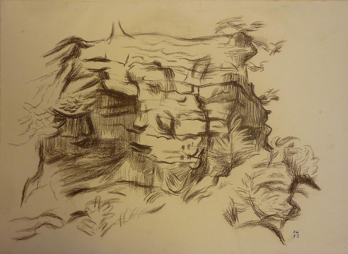 Alfred Wickenburg, Felsen, 1953, Braune Kreide auf Papier, Blattmaße: 38 × 53 cm, Privatbesitz