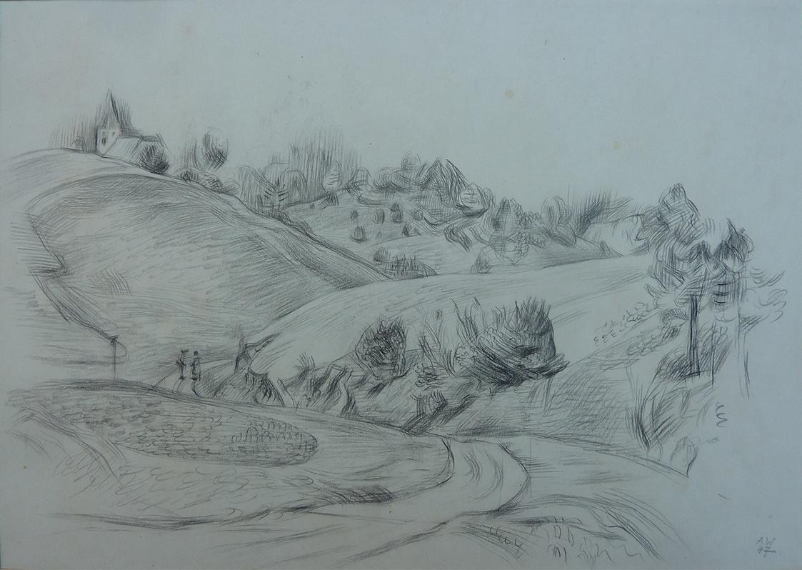 Alfred Wickenburg, Landschaftsdarstellung, 1947, Schwarze Kreide auf Papier, Blattmaße: 35 × 50 ...