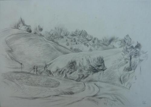 Alfred Wickenburg, Landschaftsdarstellung, 1947, Schwarze Kreide auf Papier, Blattmaße: 35 × 50 ...
