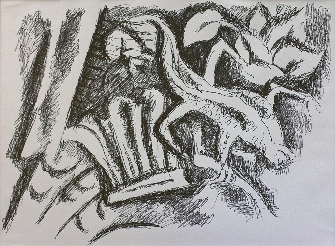 Alfred Wickenburg, Eidechse zwischen Blättern, um 1970, Schwarzer Filzstift auf Papier, Blattma ...