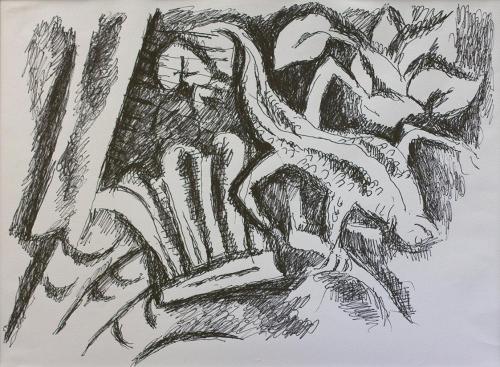 Alfred Wickenburg, Eidechse zwischen Blättern, um 1970, Schwarzer Filzstift auf Papier, Blattma ...