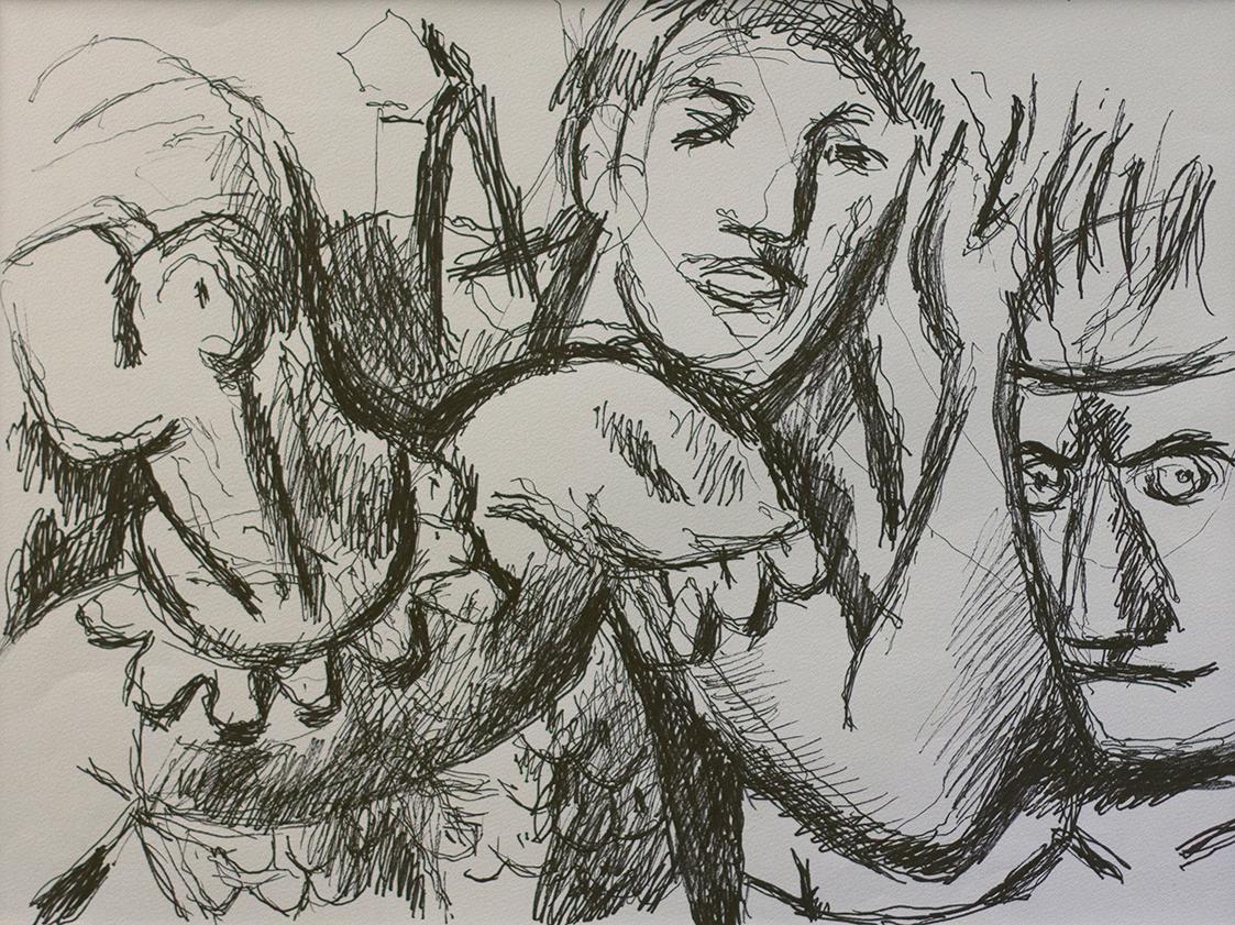 Alfred Wickenburg, Drei kämpfende Männer, um 1970, Schwarzer Filzstift auf Papier, Lichte Maße: ...