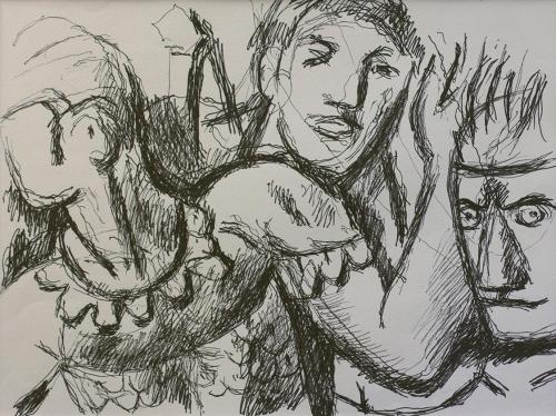 Alfred Wickenburg, Drei kämpfende Männer, um 1970, Schwarzer Filzstift auf Papier, Lichte Maße: ...