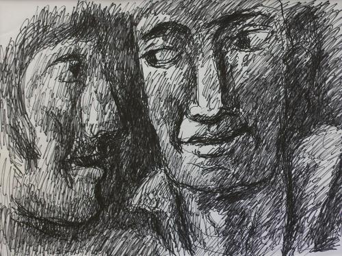 Alfred Wickenburg, Zwei Köpfe, um 1970, Schwarzer Filzstift auf Papier, Lichte Maße: 37 × 49,5  ...