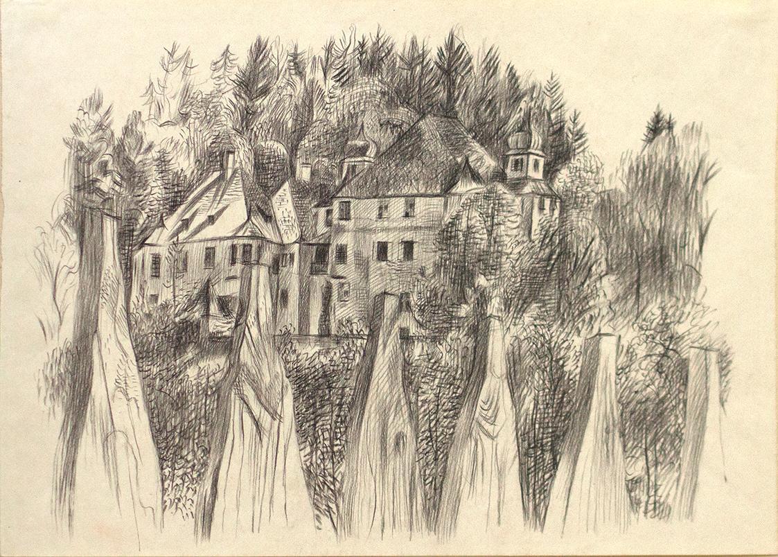 Alfred Wickenburg, Schloss Kaps, 1940/1945, Kohle auf Papier, Blattmaße: 35 × 50,1 cm, Privatbe ...
