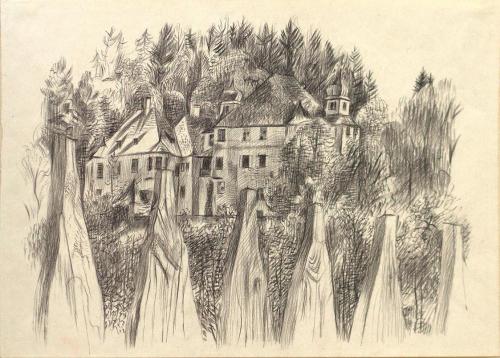 Alfred Wickenburg, Schloss Kaps, 1940/1945, Kohle auf Papier, Blattmaße: 35 × 50,1 cm, Privatbe ...