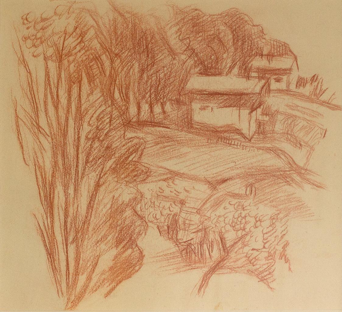 Alfred Wickenburg, Wald mit zwei Häusern, 1940/1945, Rötel auf Papier, Blattmaße: 36 × 38 cm, P ...