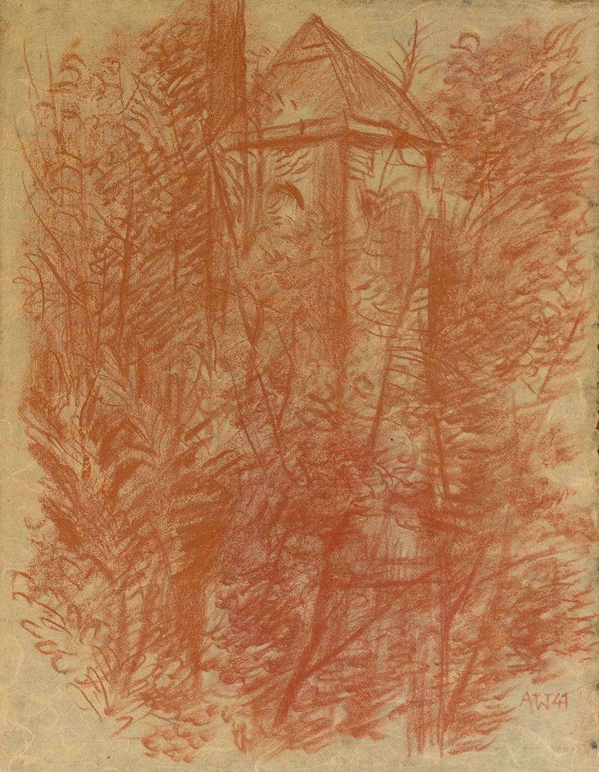 Alfred Wickenburg, Turm in einem Wald, 1941, Rötel auf Papier, Privatbesitz