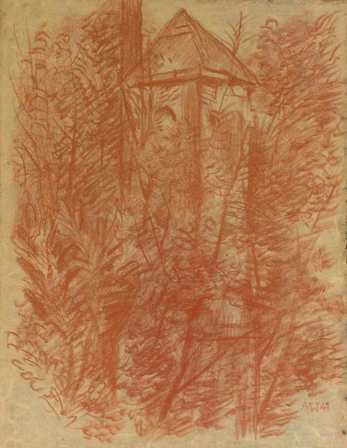 Alfred Wickenburg, Turm in einem Wald, 1941, Rötel auf Papier, Privatbesitz