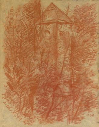 Alfred Wickenburg, Turm in einem Wald, 1941, Rötel auf Papier, Privatbesitz