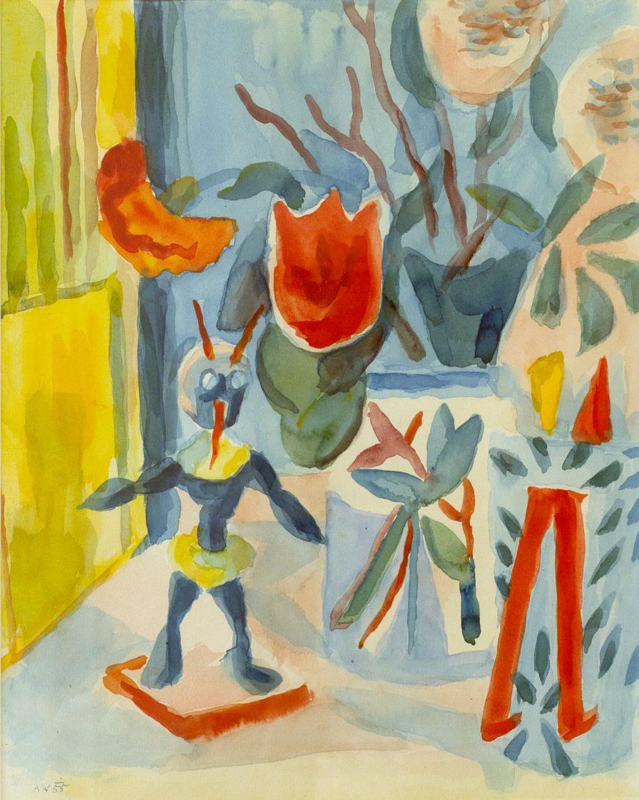 Alfred Wickenburg, Zwetschkenkrampus vor einer Blumenvase, 1955, Aquarell und Bleistift auf Pap ...