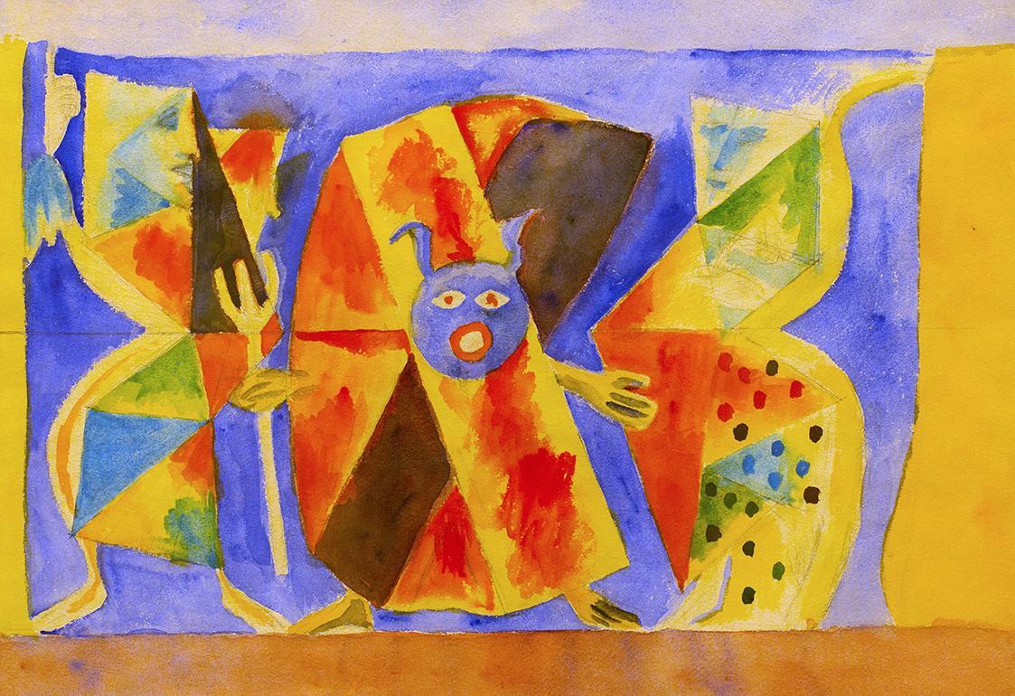 Alfred Wickenburg, Krampus von zwei Figuren flankiert, um 1955, Aquarell und Bleistift auf Papi ...