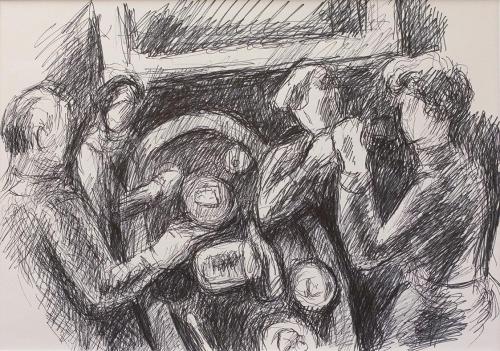 Alfred Wickenburg, Familie bei Tisch, um 1970, Schwarzer Filzstift auf Papier, 42,2 × 57,9 cm,  ...