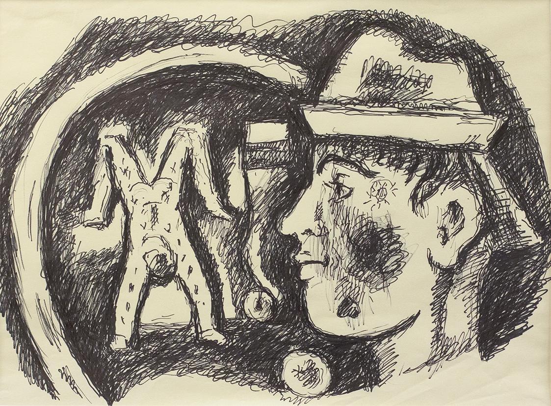 Alfred Wickenburg, Artisten, um 1970, Schwarzer Filzstift auf Papier, 42,2 × 57,7 cm, Leihgabe  ...