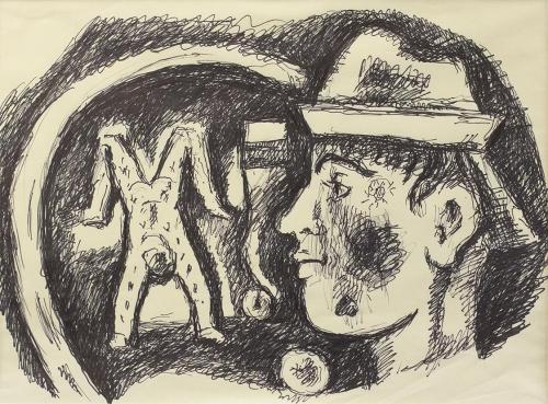 Alfred Wickenburg, Artisten, um 1970, Schwarzer Filzstift auf Papier, 42,2 × 57,7 cm, Leihgabe  ...