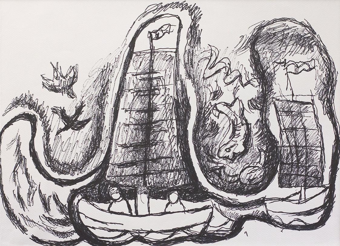 Alfred Wickenburg, Zwei Segelboote mit Fischen und Vögeln, um 1970, Schwarzer Filzstift auf Pap ...