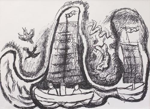 Alfred Wickenburg, Zwei Segelboote mit Fischen und Vögeln, um 1970, Schwarzer Filzstift auf Pap ...