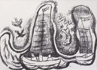 Alfred Wickenburg, Zwei Segelboote mit Fischen und Vögeln, um 1970, Schwarzer Filzstift auf Pap ...