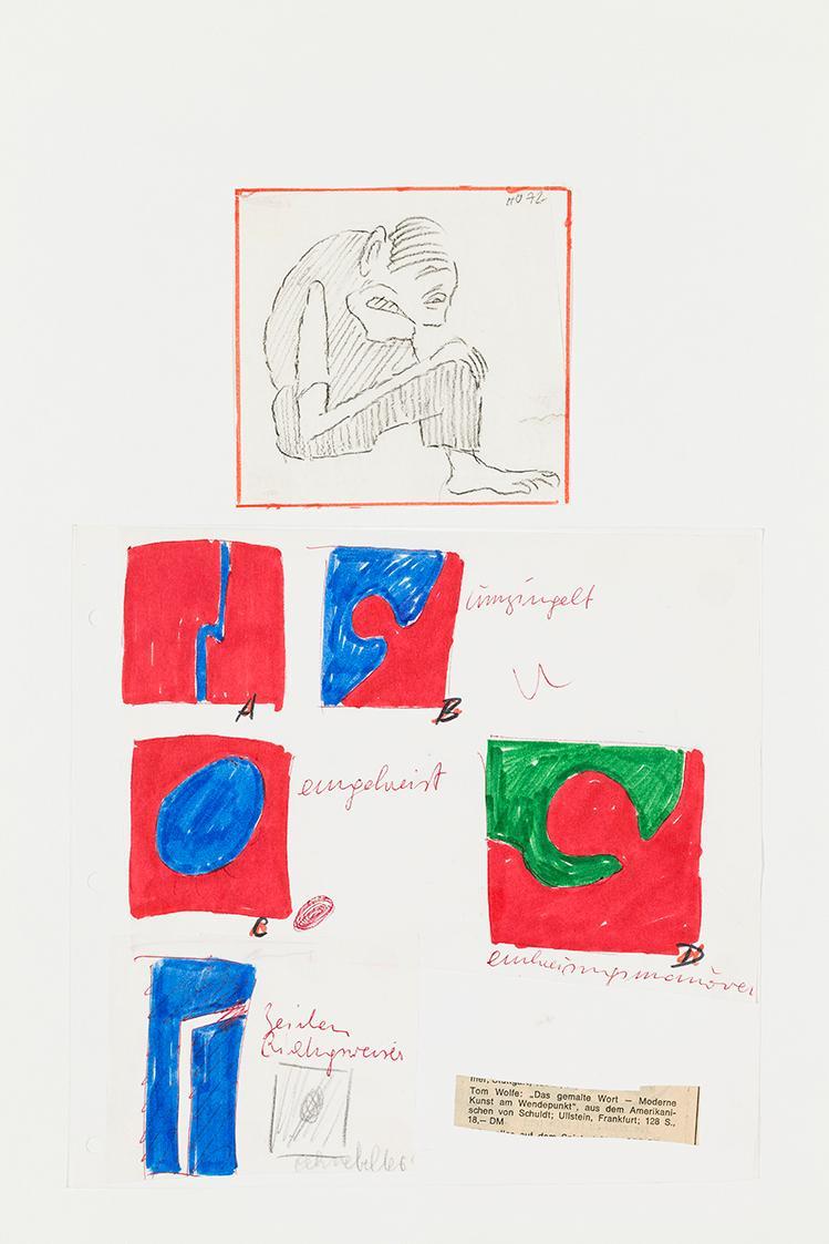 Kurt Hüpfner, Ohne Titel, 1972, Filzstift, Bleistift, Zeitungsausschnitt auf Papier, kaschiert  ...