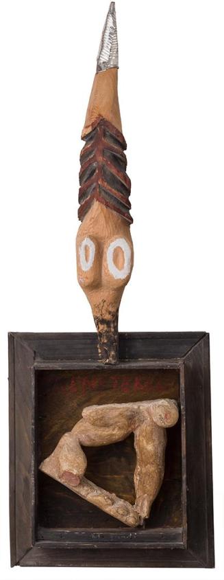 Kurt Hüpfner, Menetekel, 1988, Holz, Gips, Blech, Ölfarbe, 90 × 32 × 9 cm, Privatbesitz, Wien