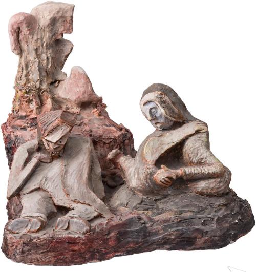 Kurt Hüpfner, Predigt Johannes des Täufers, um 1995, Terrakotta, Engobe, Gips, mit Acrylfarbe b ...
