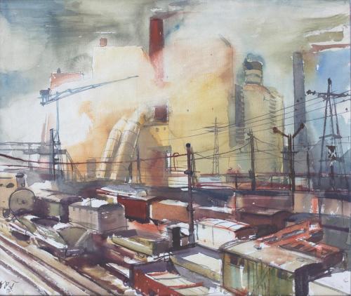 Otto Rudolf Schatz, Industriebahnhof, 1928, Aquarell auf Papier, 39,5 × 46,5 cm, Privatbesitz