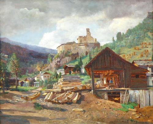 Tina Blau, Sägemühle in Taufers, 1900, Öl auf Holz, 39,7 × 50,8 cm, Kunsthandel Giese & Schweig ...