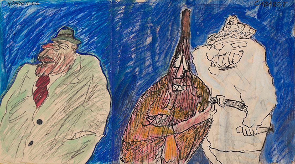 Kurt Hüpfner, Cabaret, 1962, Kreide und Tusche auf Papier, 26 × 46,5 cm, Privatbesitz, Wien