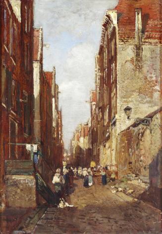 Tina Blau, Die Judengasse in Amsterdam, um 1875/76, Öl auf Holz, 34 × 23,5 cm, Sammlung Eisenbe ...