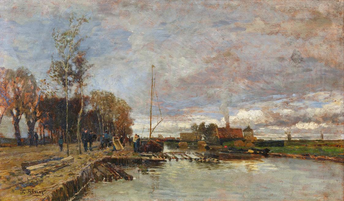 Tina Blau, Kanal bei Amsterdam (Nieuwendam), 1875/1876, Öl auf Holz, 38,1 × 64,5 cm, Wien Museu ...