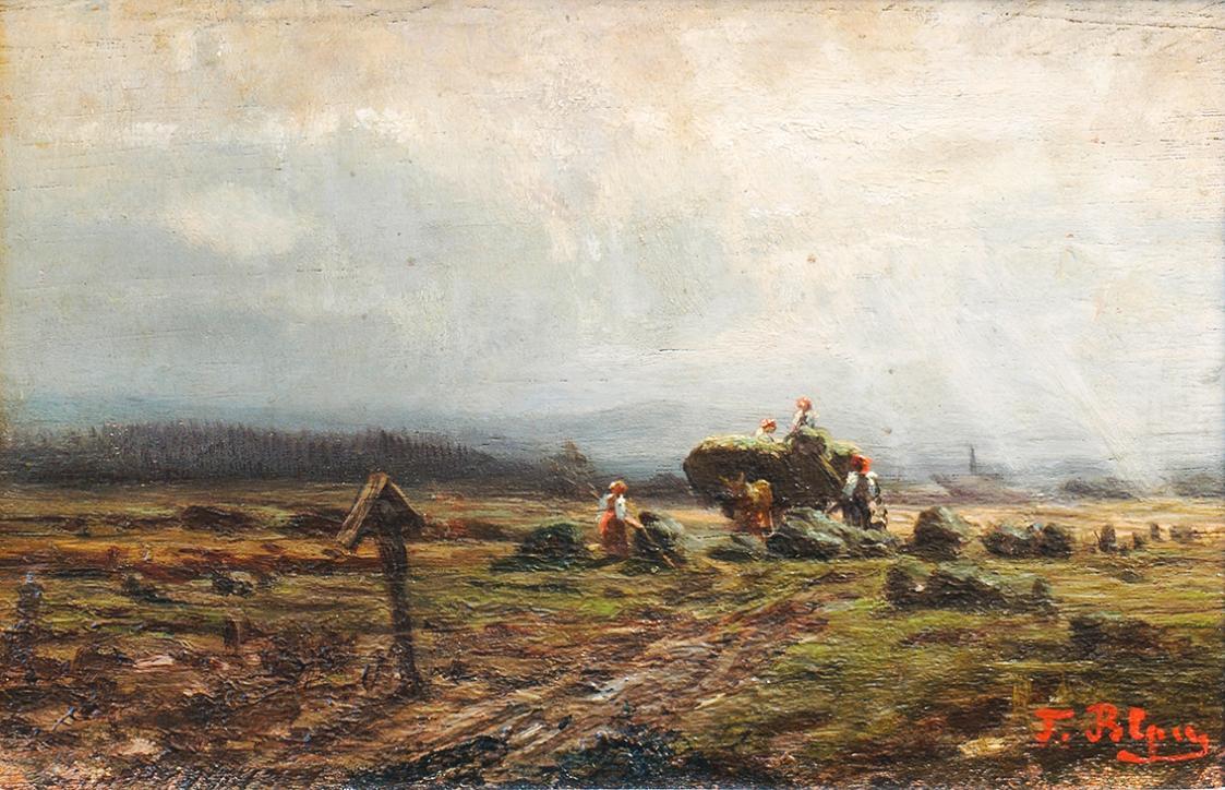 Tina Blau, Heuernte bei Polling, 1870, Öl auf Holz, 14 × 21,3 cm, Privatbesitz, Wien