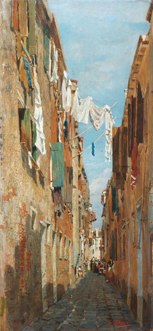 Tina Blau, Venezianische Gasse, 1876/1879, Öl auf Holz, 35 × 16,5 cm, Leopold Privatsammlung