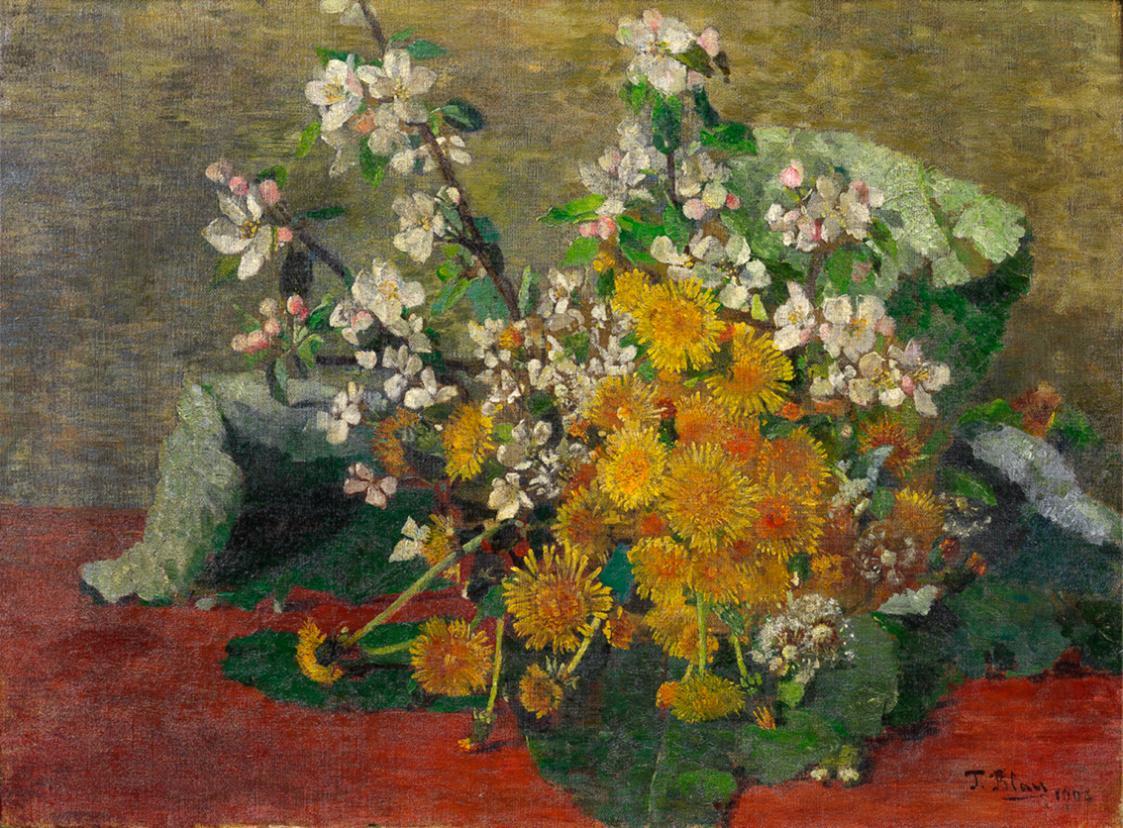 Tina Blau, Blumenstück mit Löwenzahn und Apfelblüten, 1902, Öl auf Leinwand, 48,2 × 65,4 cm, Wi ...