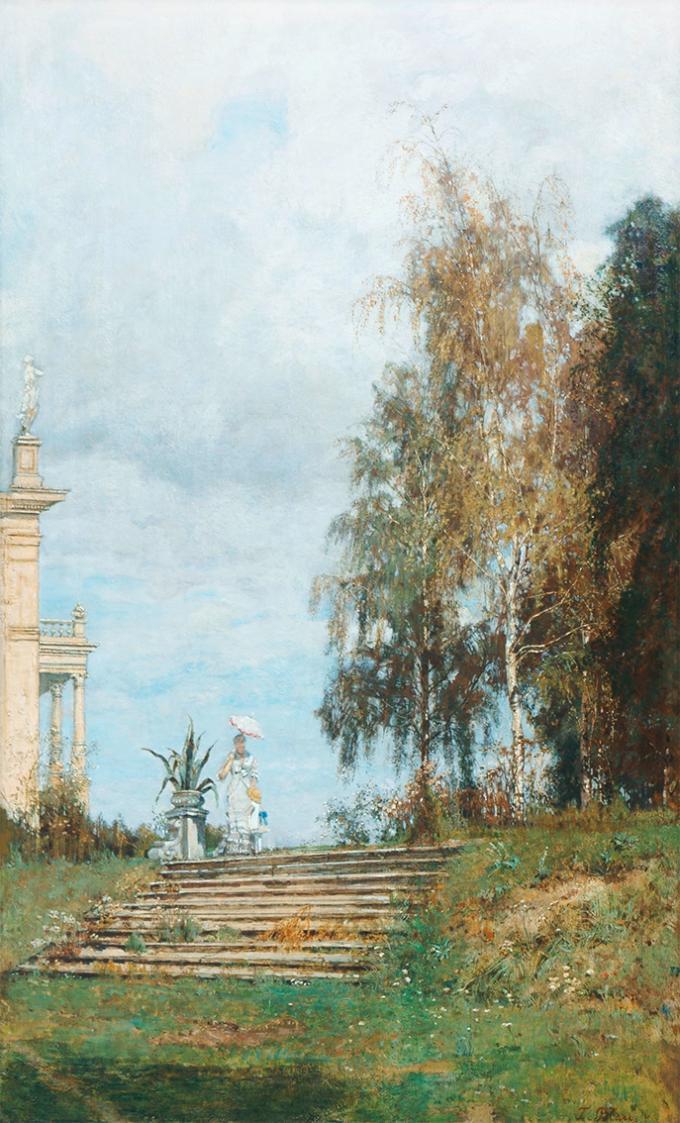 Tina Blau, Vom Weltausstellungsplatz, 1878/1879, Öl auf Holz, 75 × 45 cm, Privatbesitz