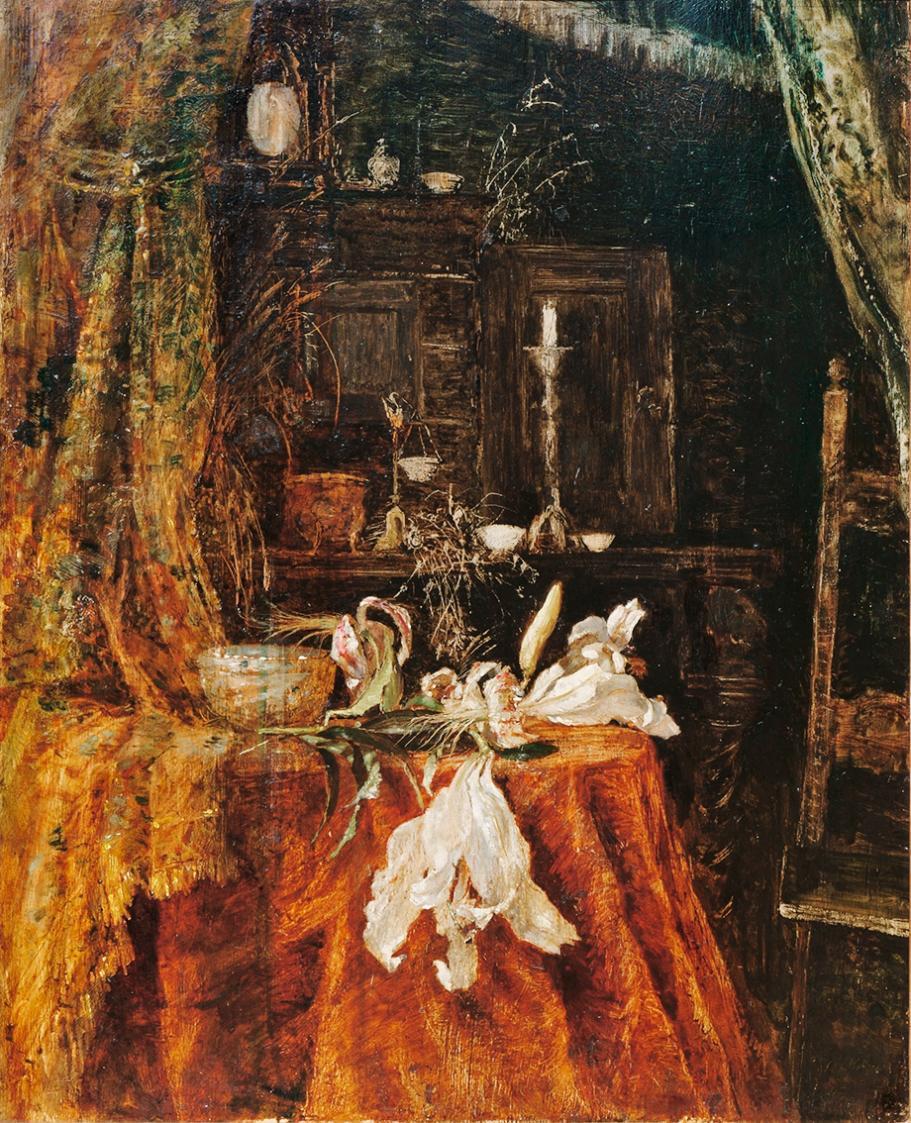 Tina Blau, Interieur-Stillleben, um 1872, Öl auf Holz, 47,5 × 38 cm, Privatbesitz