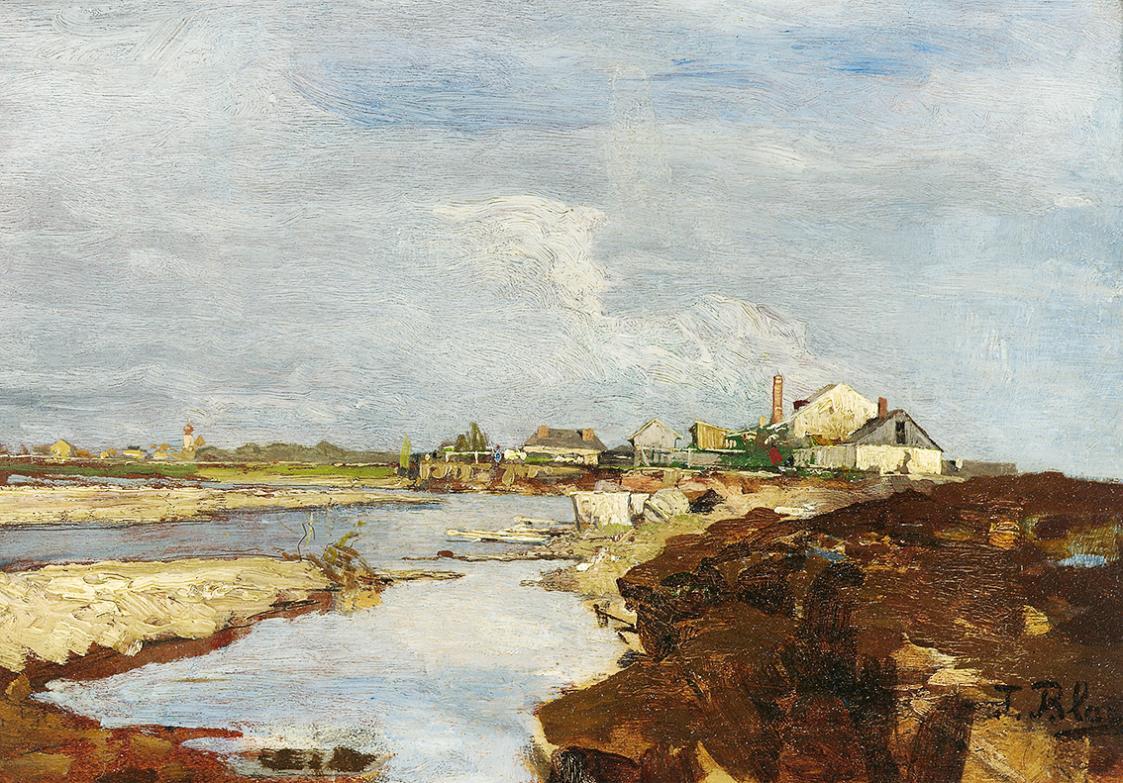 Tina Blau, Wien-Ufer. St. Veit, 1881, Öl auf Holz, 17,5 × 26,5 cm, Privatbesitz, Courtesy Kunst ...