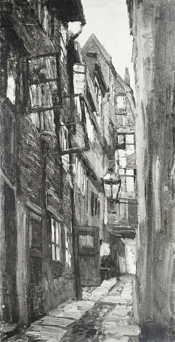 Tina Blau, Alter Hof in Hamburg, 1904/1905, Öl auf Leinwand, 46 × 23,6 cm, unbekannter Verbleib