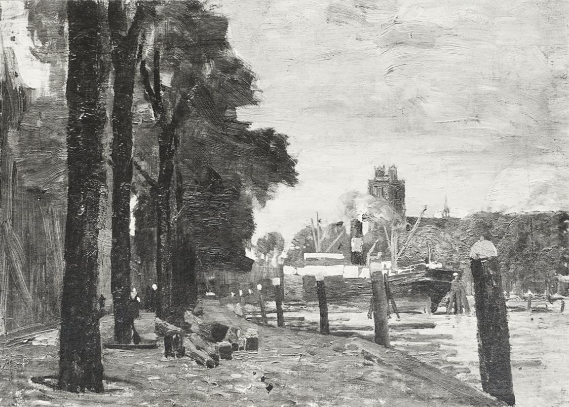 Tina Blau, Am Kalkhafen Dordrecht, 1907, Öl auf Holz, 24 × 33 cm, unbekannter Verbleib