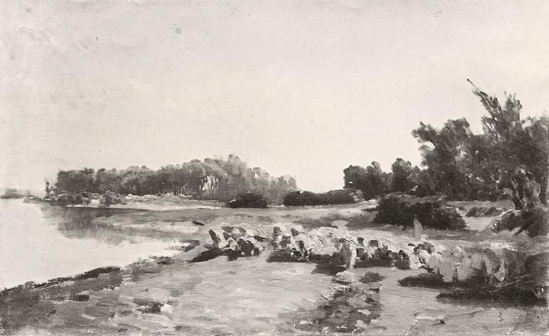 Tina Blau, Flusslandschaft, um 1872, Öl auf Leinwand, unbekannter Verbleib