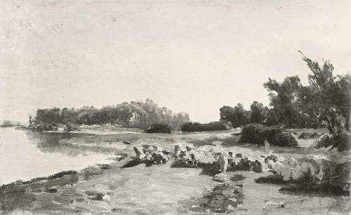 Tina Blau, Flusslandschaft, um 1872, Öl auf Leinwand, unbekannter Verbleib
