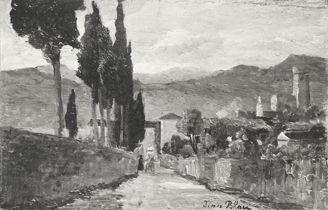 Tina Blau, Beim Friedhof in Malcesine, 1894, Öl auf Holz, 17 × 27 cm, unbekannter Verbleib