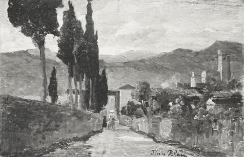 Tina Blau, Beim Friedhof in Malcesine, 1894, Öl auf Holz, 17 × 27 cm, unbekannter Verbleib