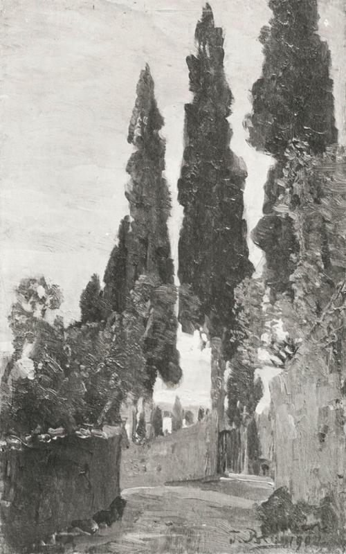 Tina Blau, Malcesine, 1902, Öl auf Holz, 26 × 16,2 cm, unbekannter Verbleib