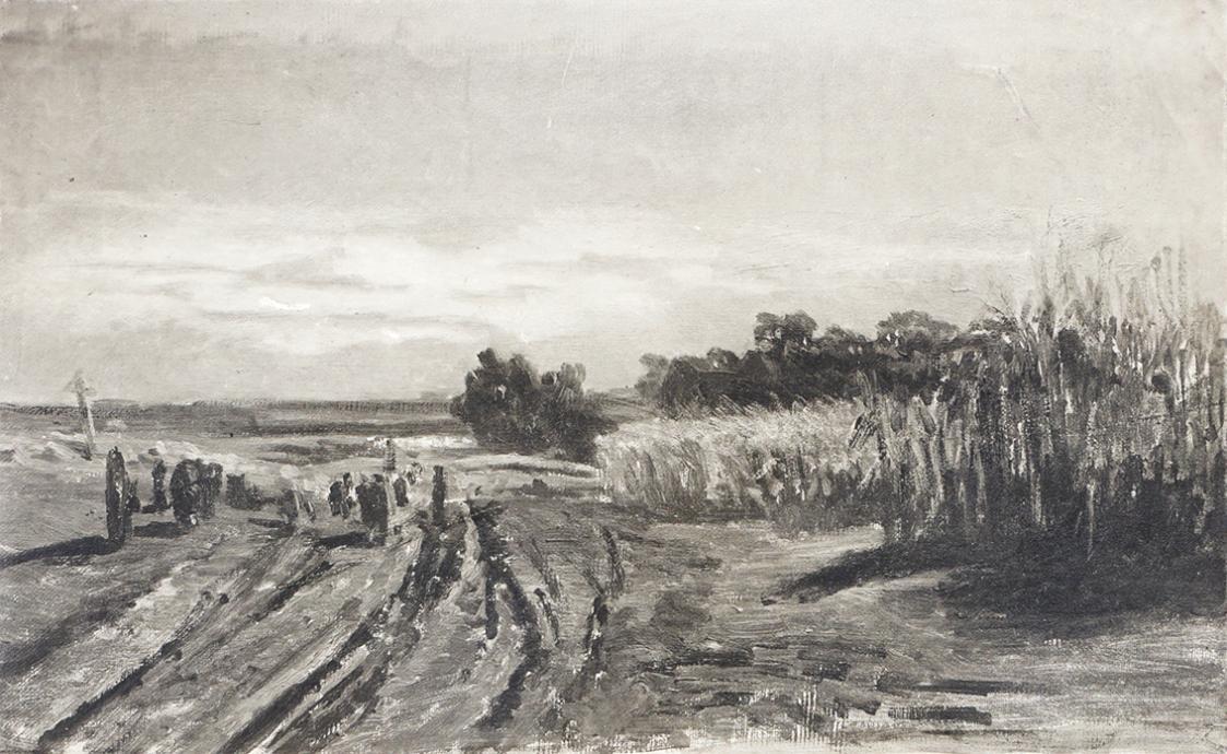 Tina Blau, Abendstimmung, um 1870, Öl auf Leinwand, unbekannter Verbleib