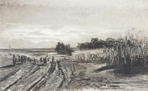 Tina Blau, Abendstimmung, um 1870, Öl auf Leinwand, unbekannter Verbleib